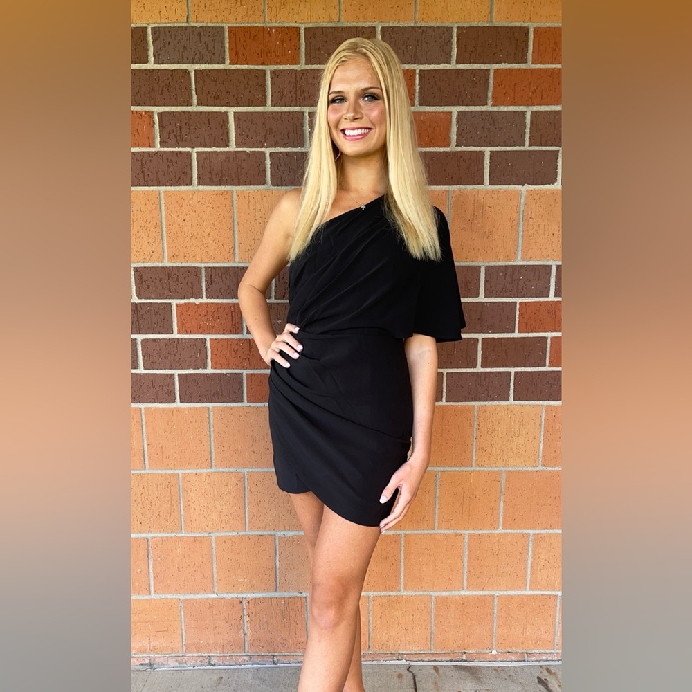 Elegant Black One-Shoulder Black Mini Dress - Size Small